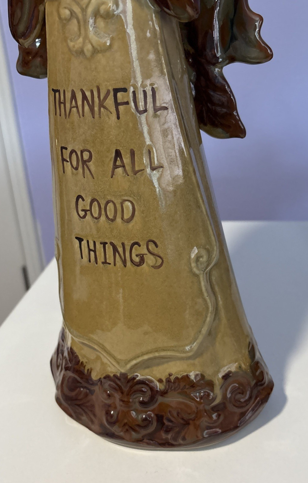 Glazed Art Pottery Angel Pierced Wing Figurine 15.75” Thanks Message Earth Tones