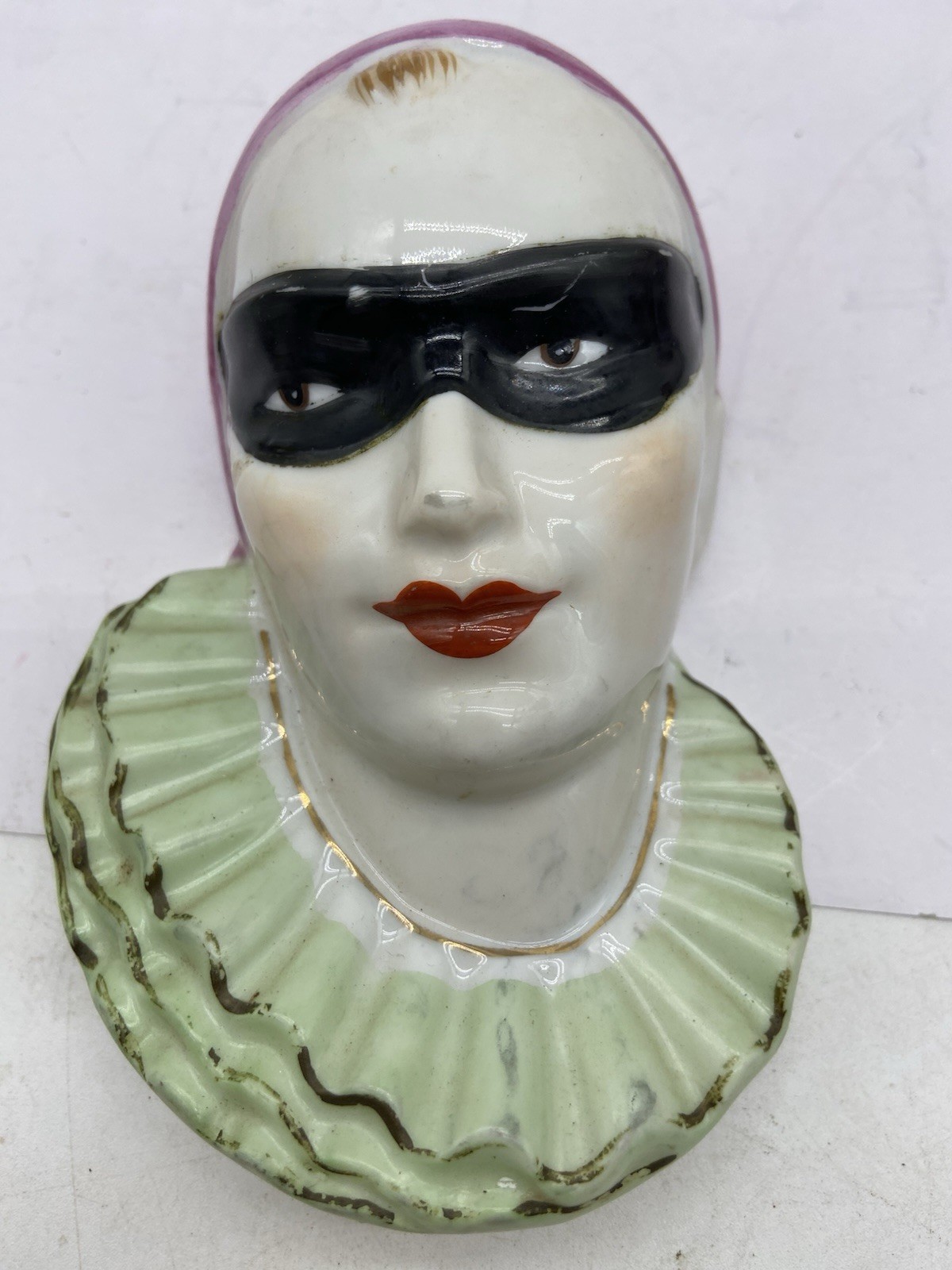 RARE Vintage Masked Pierrot Clown Columbine Head Vase Wall Pocket Masquerade