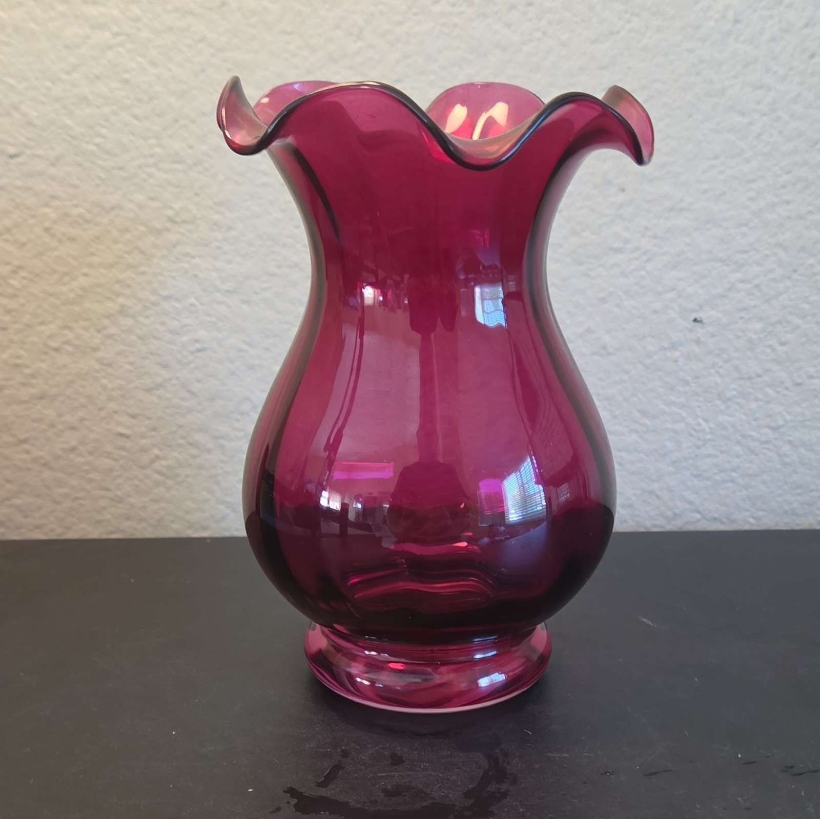 Unmarked Pink & Purple Glass Ruffled Rim Decorative Vase, 6in Tall