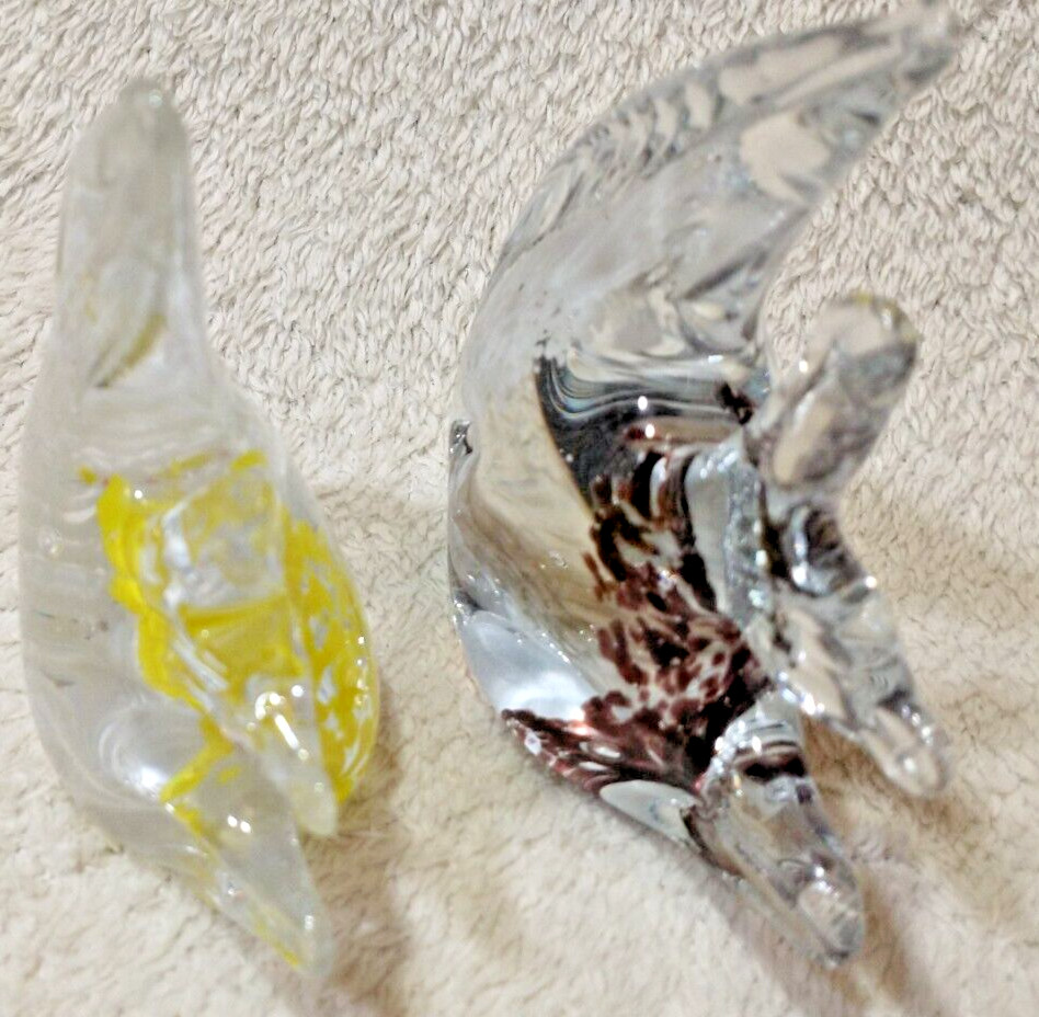 2 Art Glass Angel Fish Statue Clear Yellow White-Clear Black White Paperweight