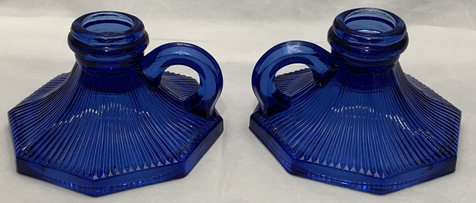 L. E. Smith Glass Company Sapphire Blue Candlestick Candle Stick Holder Pair Set