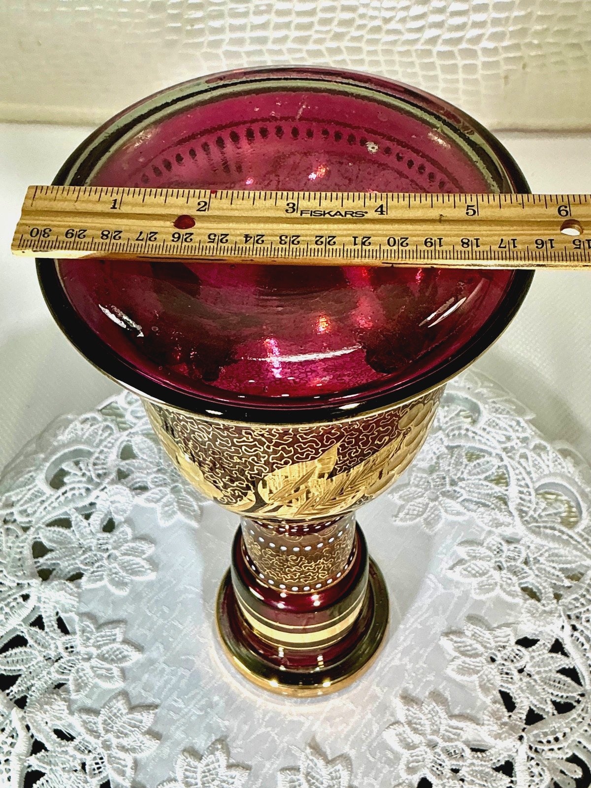 Bohemia Cut to Clear Glass 10 1/2” Gold Encrusted Gilt Persian Vase Decanter.