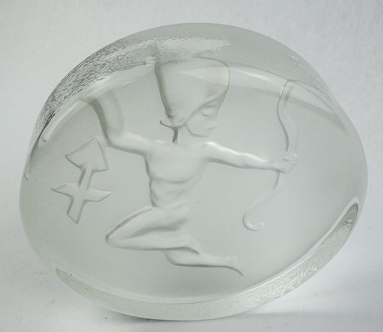 Round Glass Paperweight Sagittarius Clear and Satin Vintage Zodiac Archer Bow