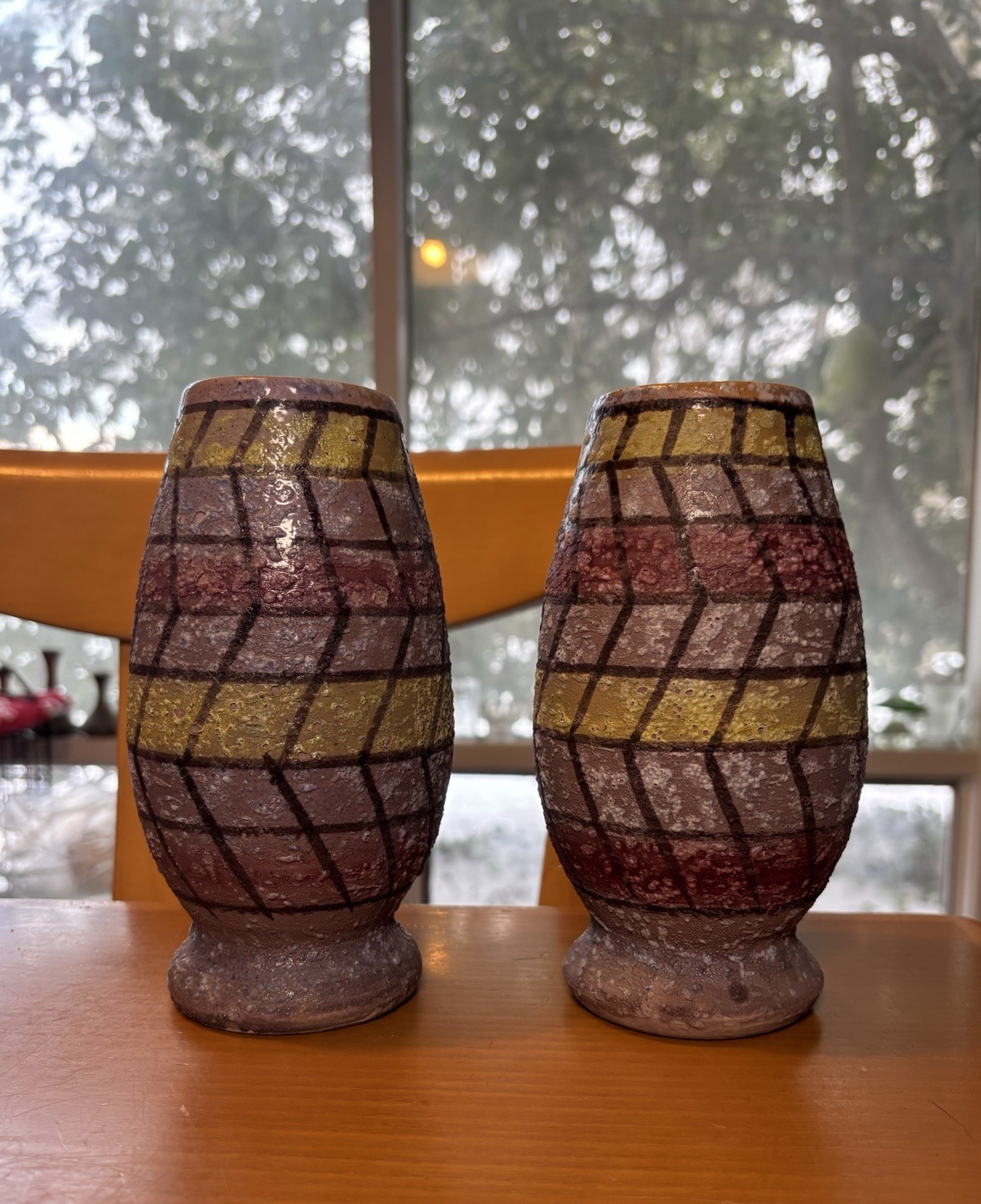 Pair of 2 Rossetti Italy Hand Painted Pottery Lava Textured Chevron Vases 7″ MCM