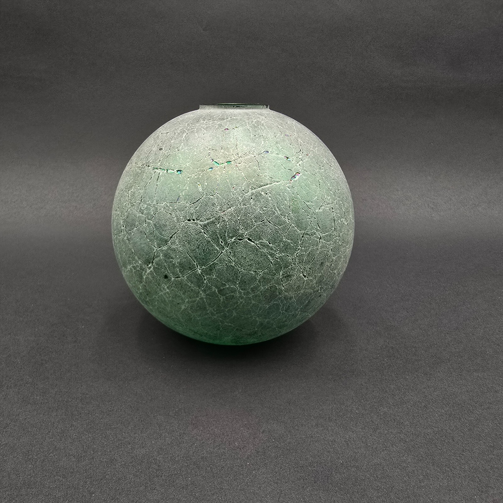 Silvestri Mouth Blown Green Orb Iridescent Crackled Art Glass Vase 6 inch Ball