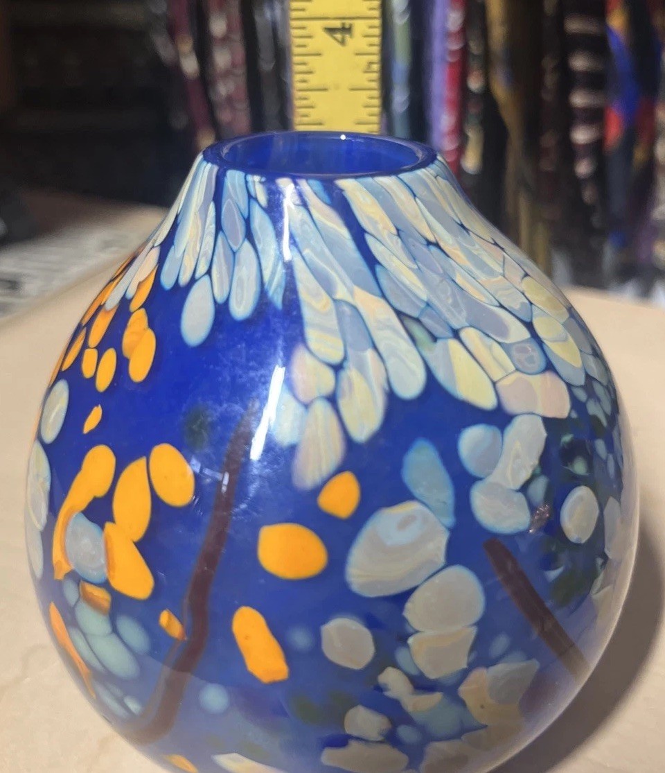 Studio Singed Blown Glass Vase Abstract Splatter Look Design Orange Blue
