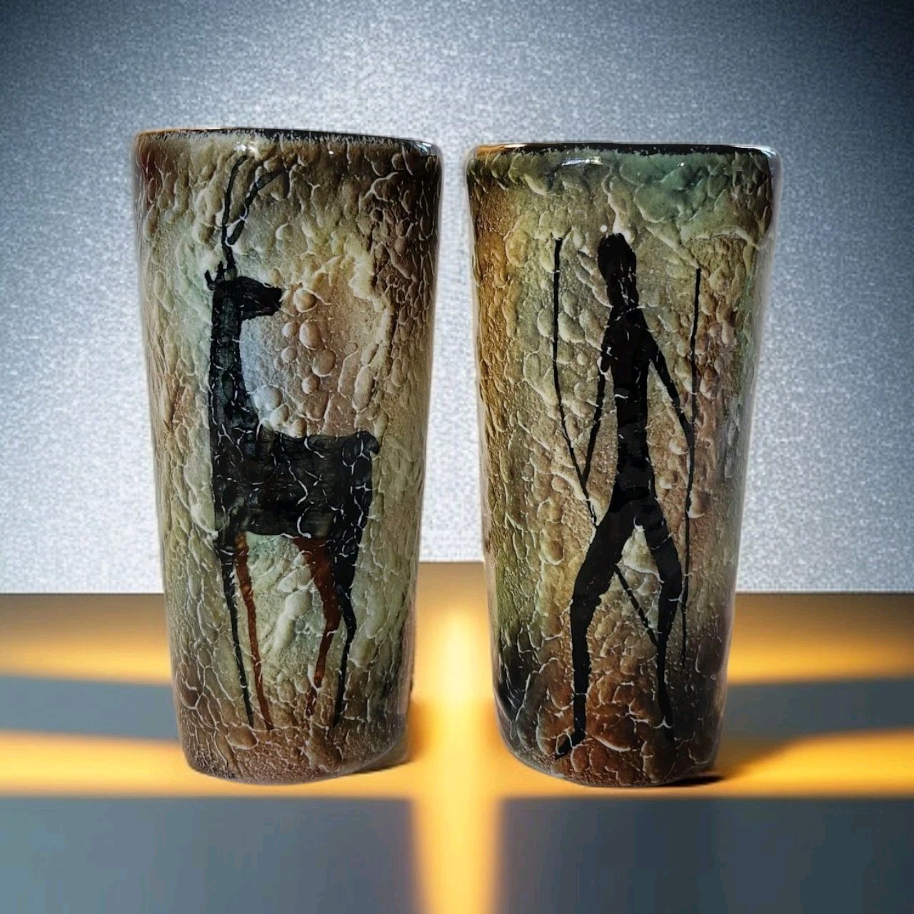 Rare Vtg Hunter/Prey African Art Pottery Cups/Vases Signed 1960s Set Of 2 6.25″T
