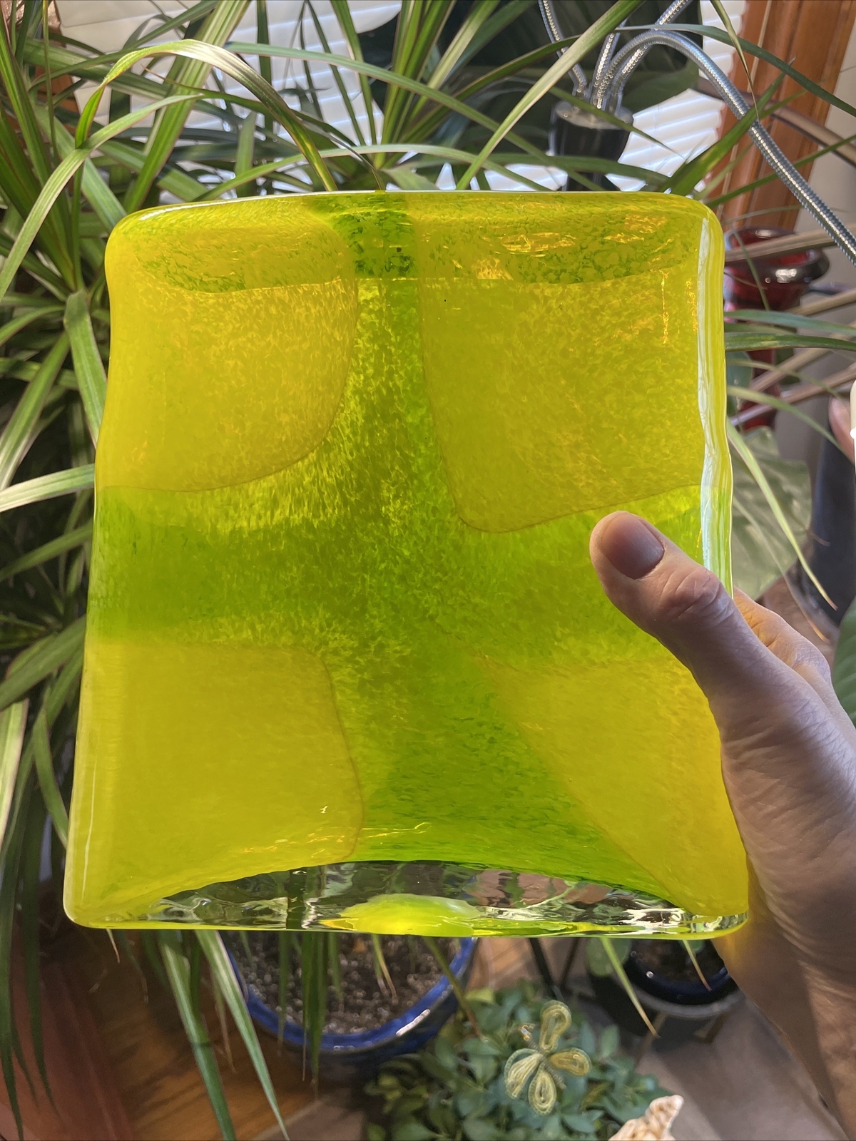 Art Glass Green and Yellow Square Vase 8″x9″x3