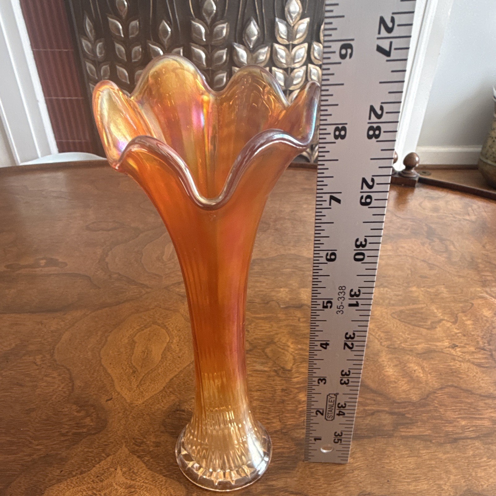 Vintage Orange Iridescent Carnival Glass Ruffled Rim Trumpet Vase 8 3/4 in