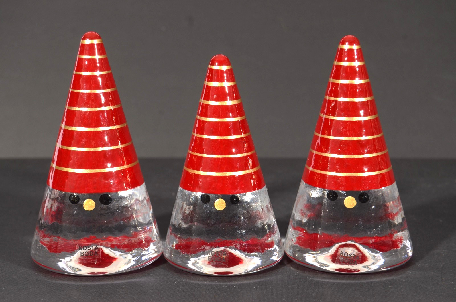 3 Kosta Boda Anna Eherner “Noel” Gnome Family Stripes Santa Figurines Signed EUC