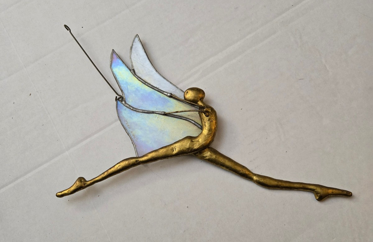Fairy Brass Stained Glass Wings hand crafted hand signed 1986 11.5″ x 7″