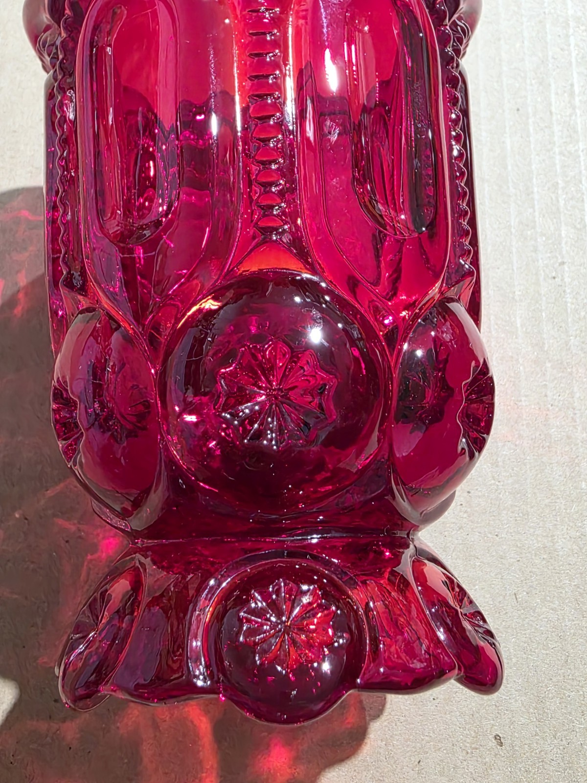 L E Smith Moon and Stars Red Vase 5.25″ T by 3.75″ W