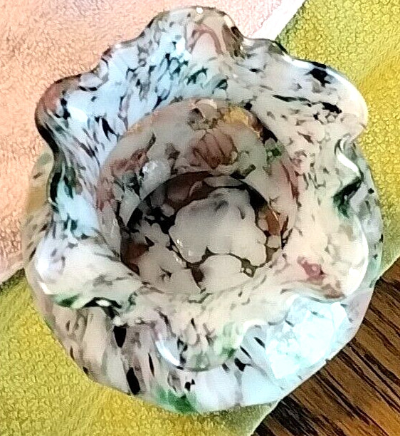 VTG Hand Blown End of Day Vase-Ruffle Edges Multicolored Splatter Art Glass-EUC