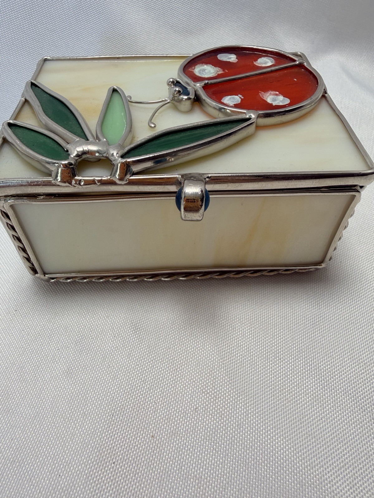 STAINED GLASS Ladybug Jewelry Trinket Box 3D Handmade -Design On Inside