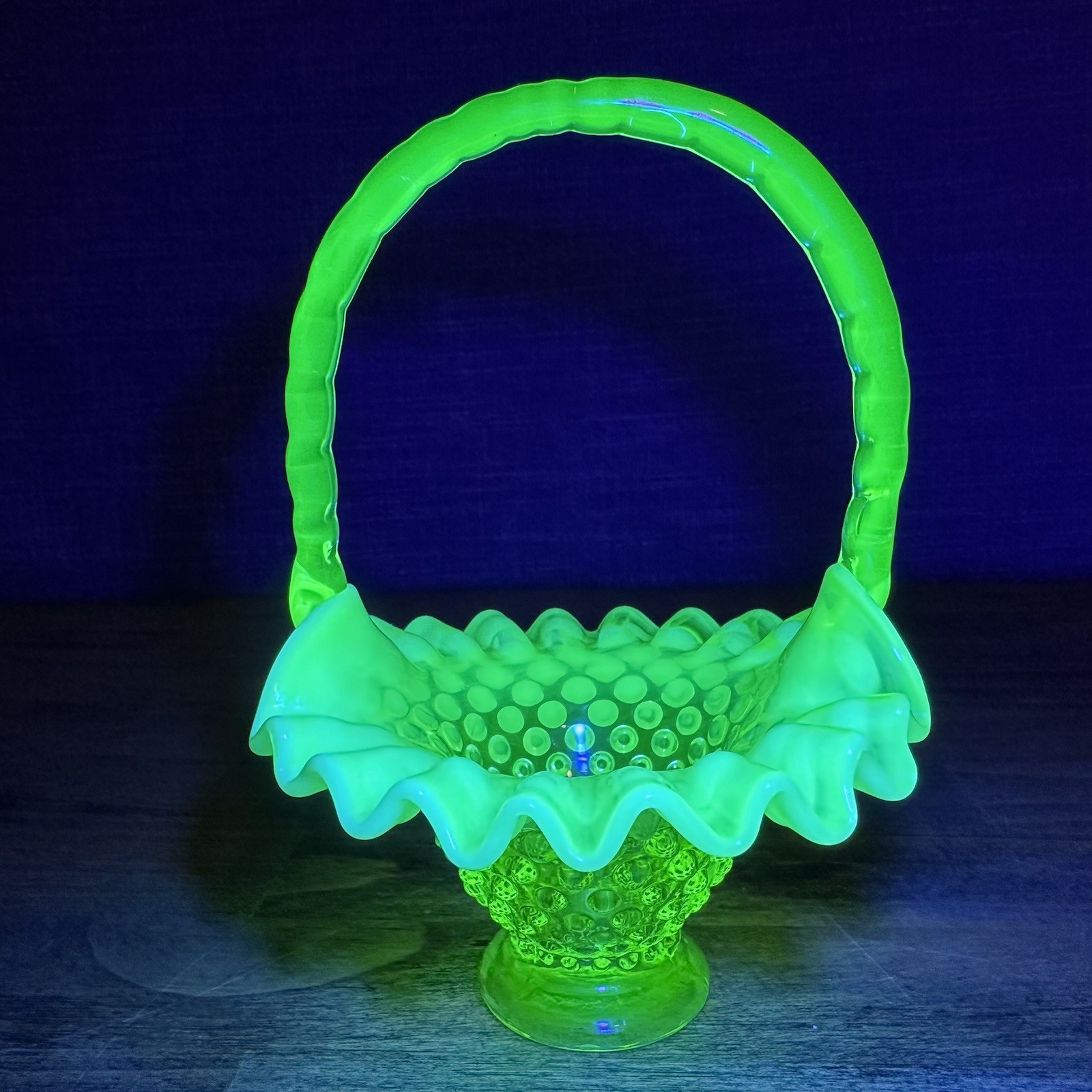 Fenton Hobnail Topaz Opalescent Vaseline Glass Basket Uranium Glow Hobnail 6.5”