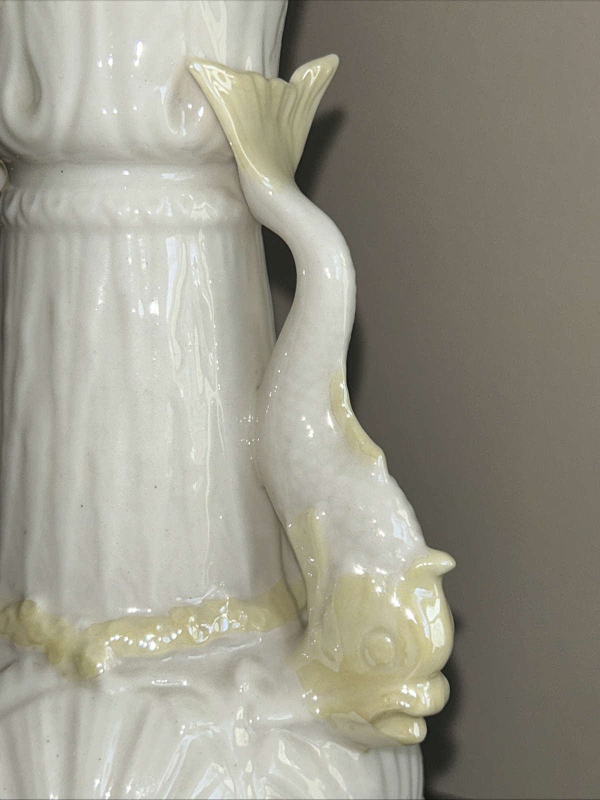 Vintage Belleek Dolphin Fish Handle Yellow Luster 6 1/2” Vase