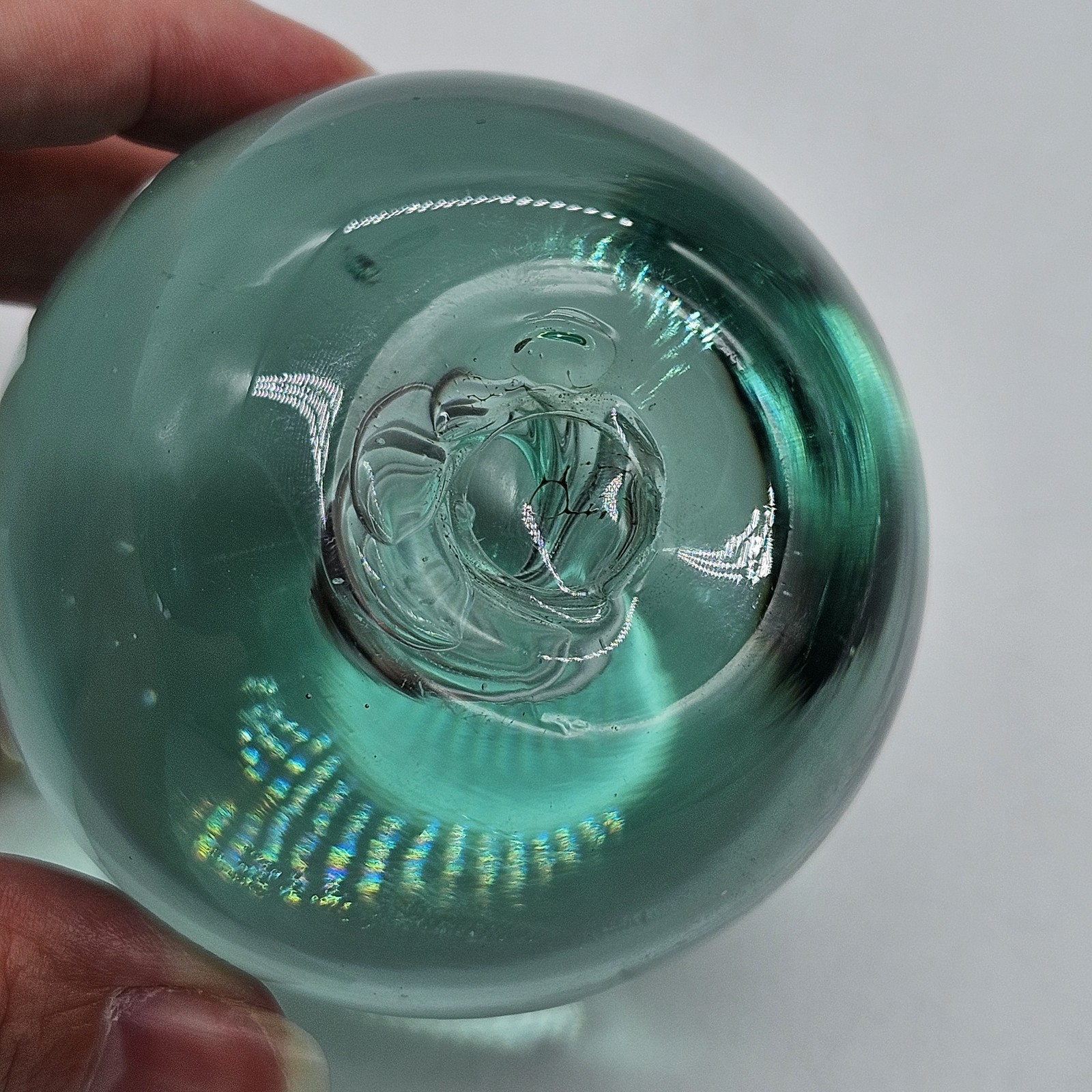 Round Sphere Light Blue Green Swirl Bubble Glass Paperweight 2.5″