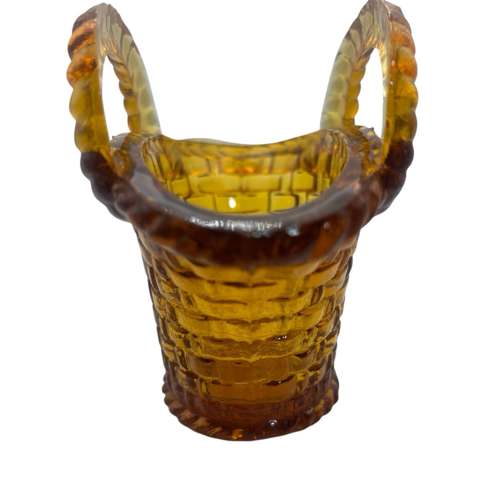 Jeannette Glass Basket Double Handle Wicker Design Amber 3-3/4 Inch Tall Vintage