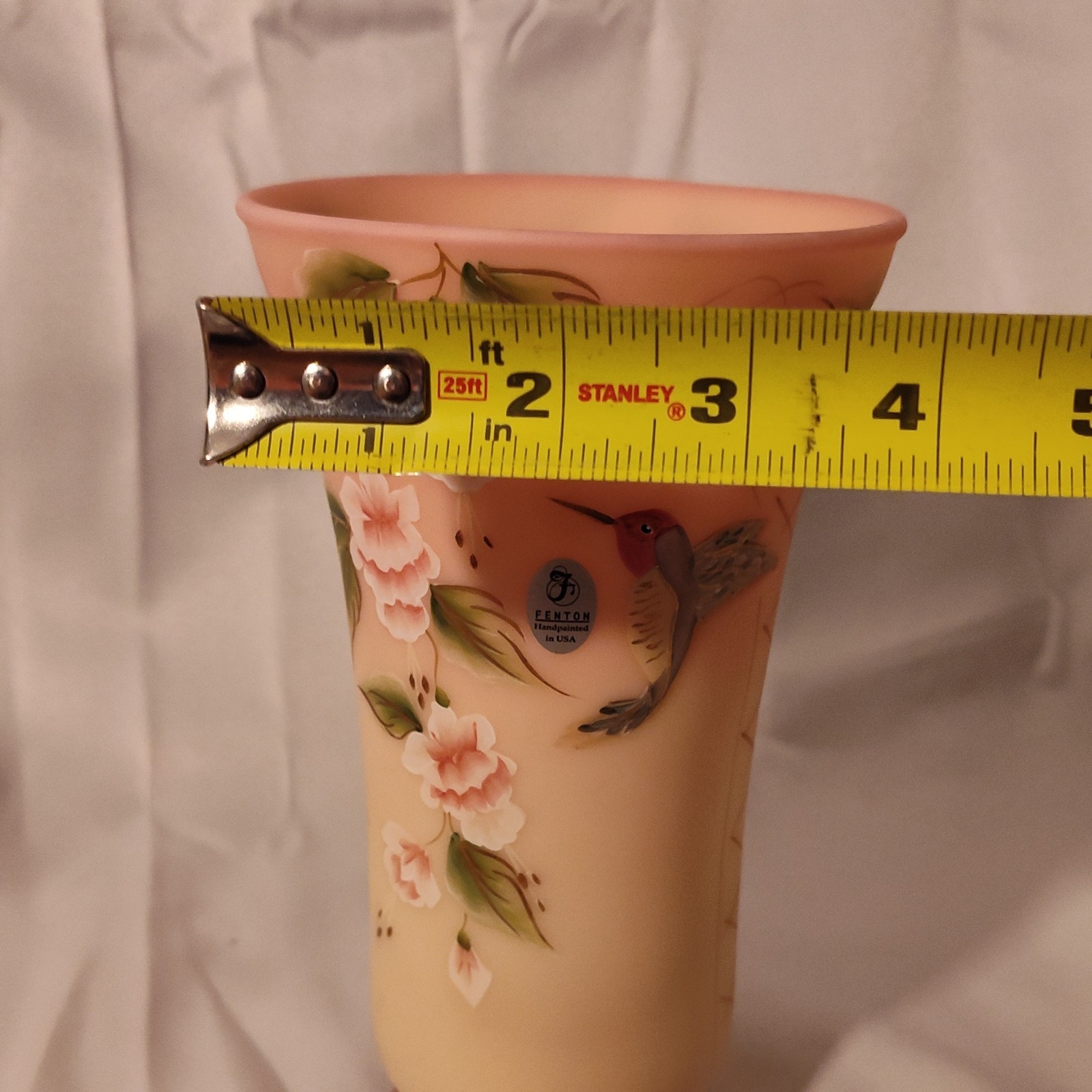 Fenton Connoisseur Collection Burmese Hummingbird Hand Painted Glass Vase