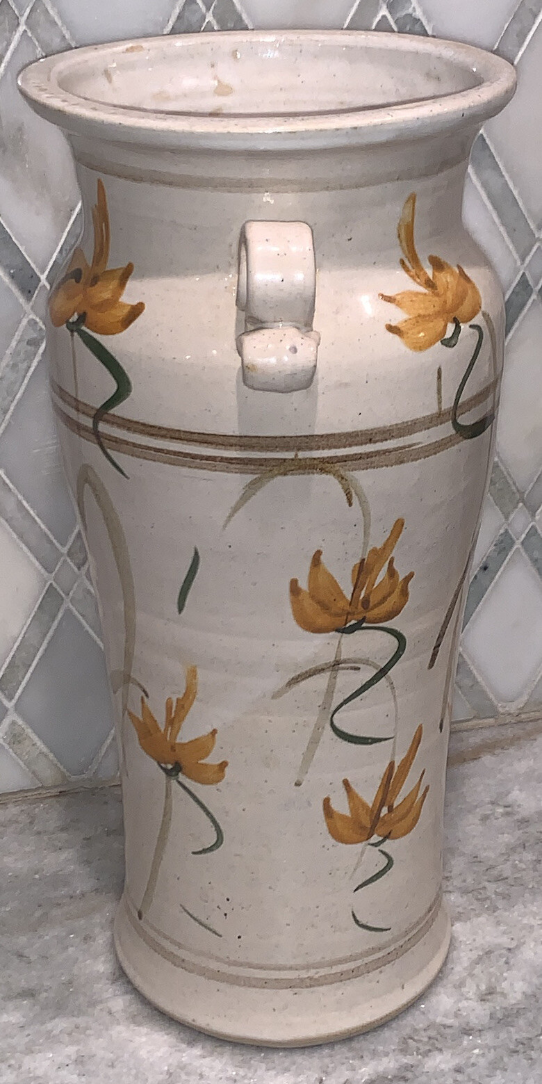 Vintage Signed Pottery Off White Floral Yellow Green Brown Vase Signed EUC 13.5”