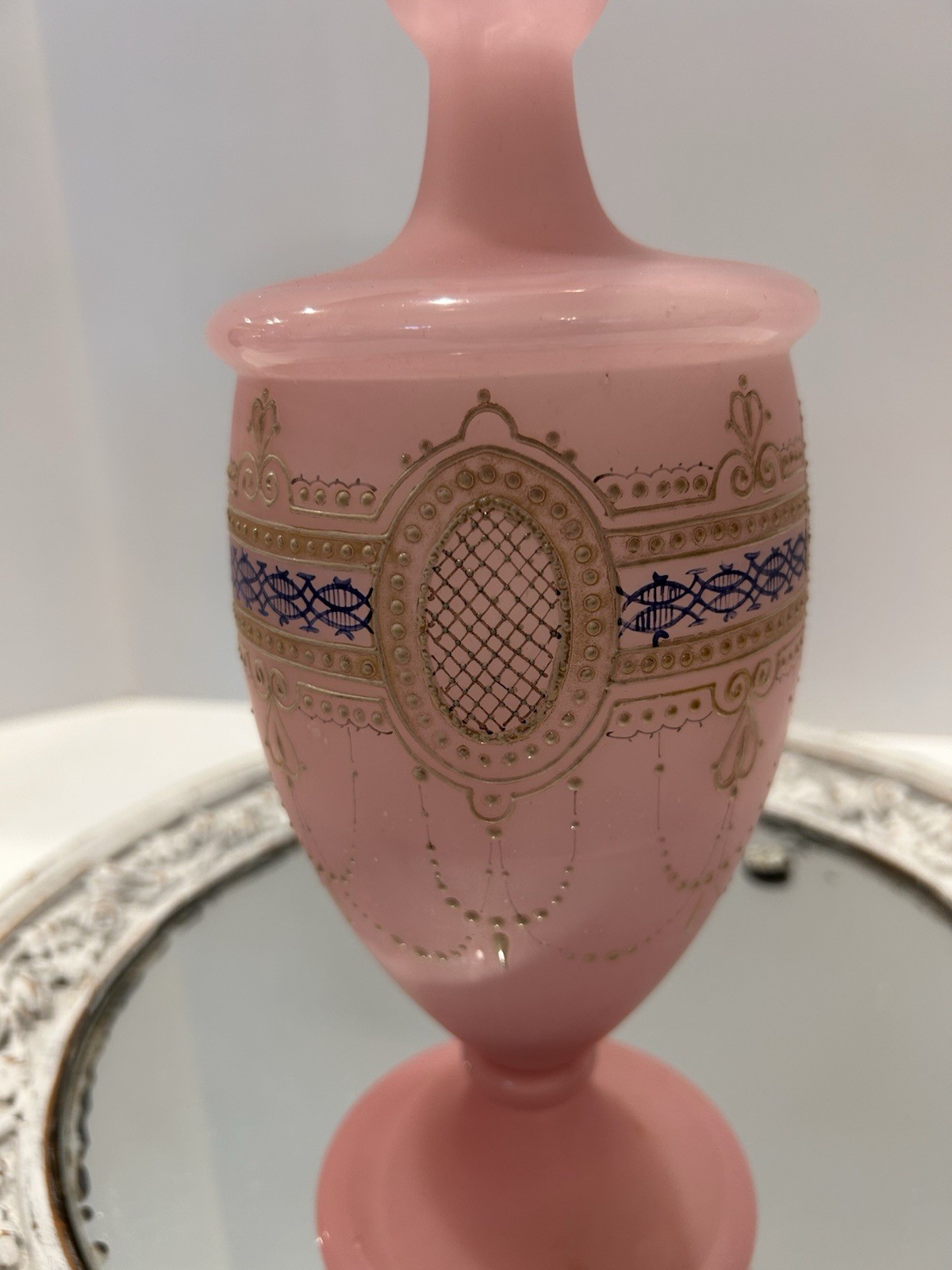 Antique Opaline Pink Glass Vase Satin Victorian French 13” Gold Gilt Enamel