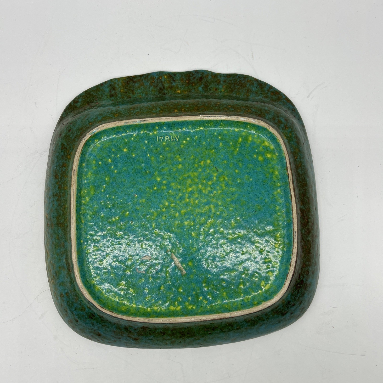 Large VTG Ceramic Italy Teal Blue Green Candy Dish Ash Tray Lava Glaze 9.75” MCM