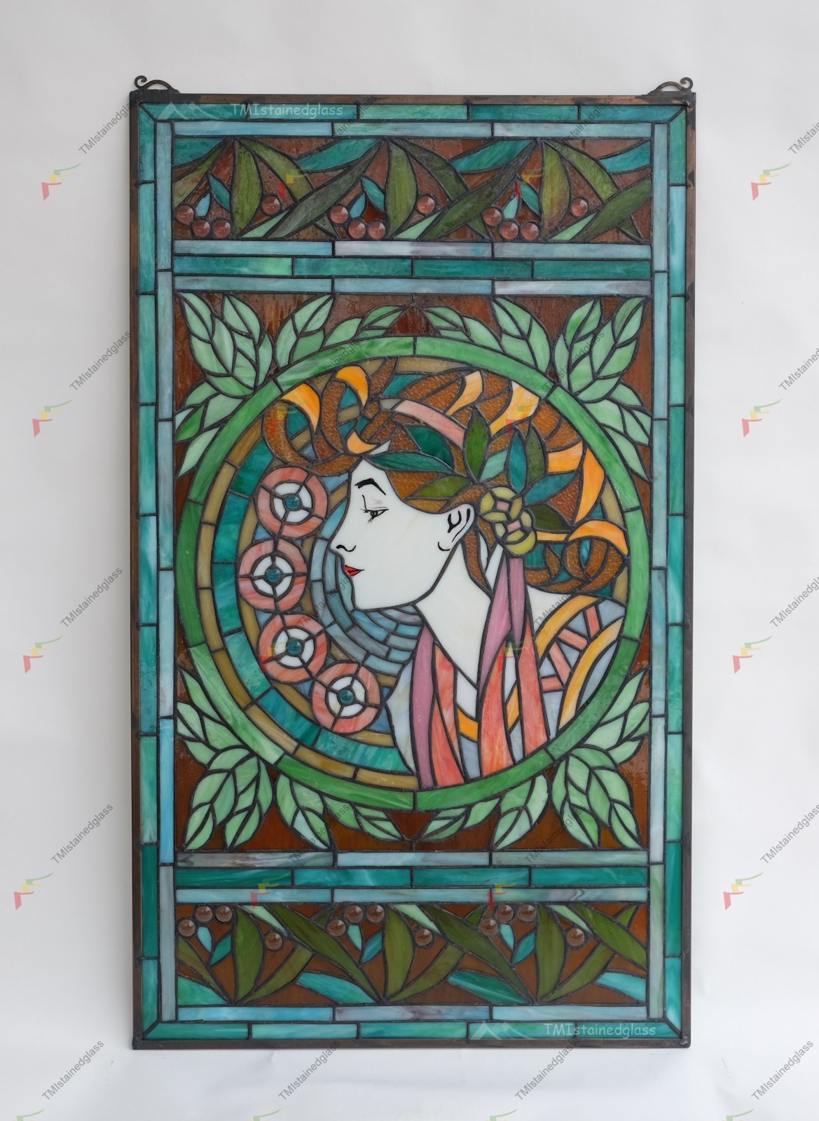 20″ x 34″ Alphonse Mucha Art. Stained Glass Window Panel Art Nouveau lady HF216