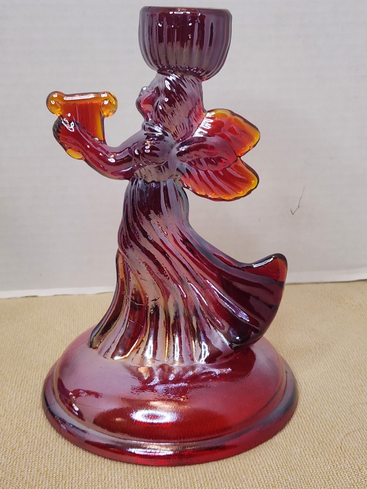 Pair Of Red Carnival Glass Angel Candle Holders Glows Orange Under Blacklight