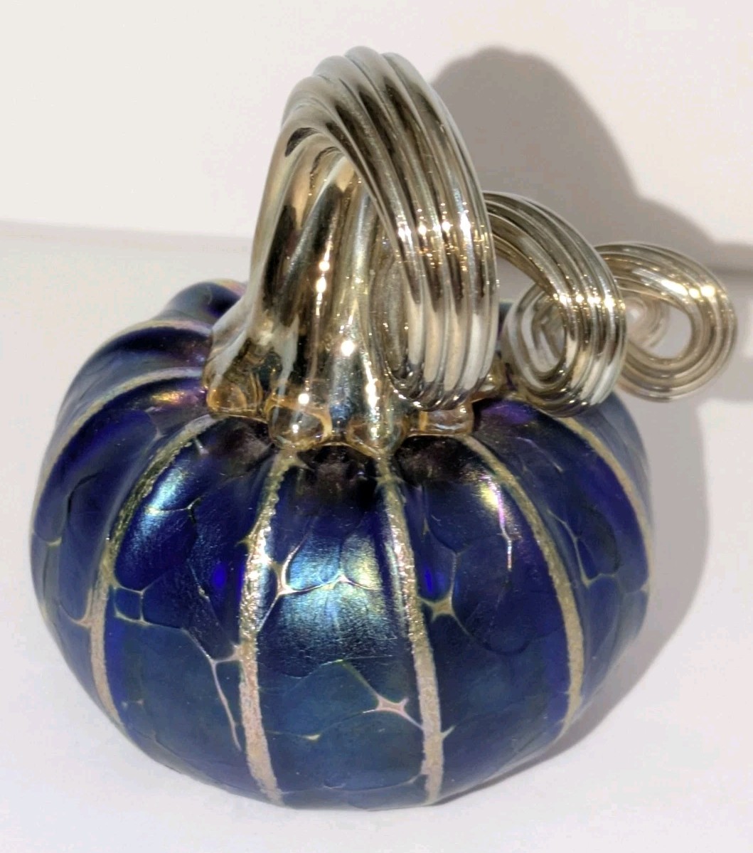 Blue Iridescent Hand Blown Art Glass Pumpkin Signed 2004 3 1/4″ Jack Pine?