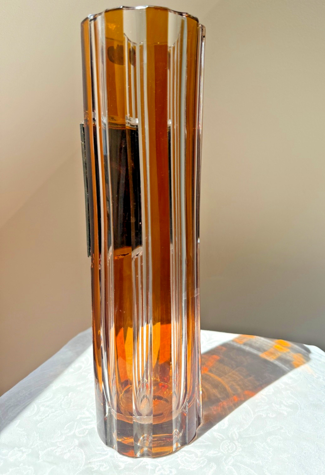 Vintage Julia Poland Amber Lead Crystal Vase 33cm Military Eagle PRL Hand Cut