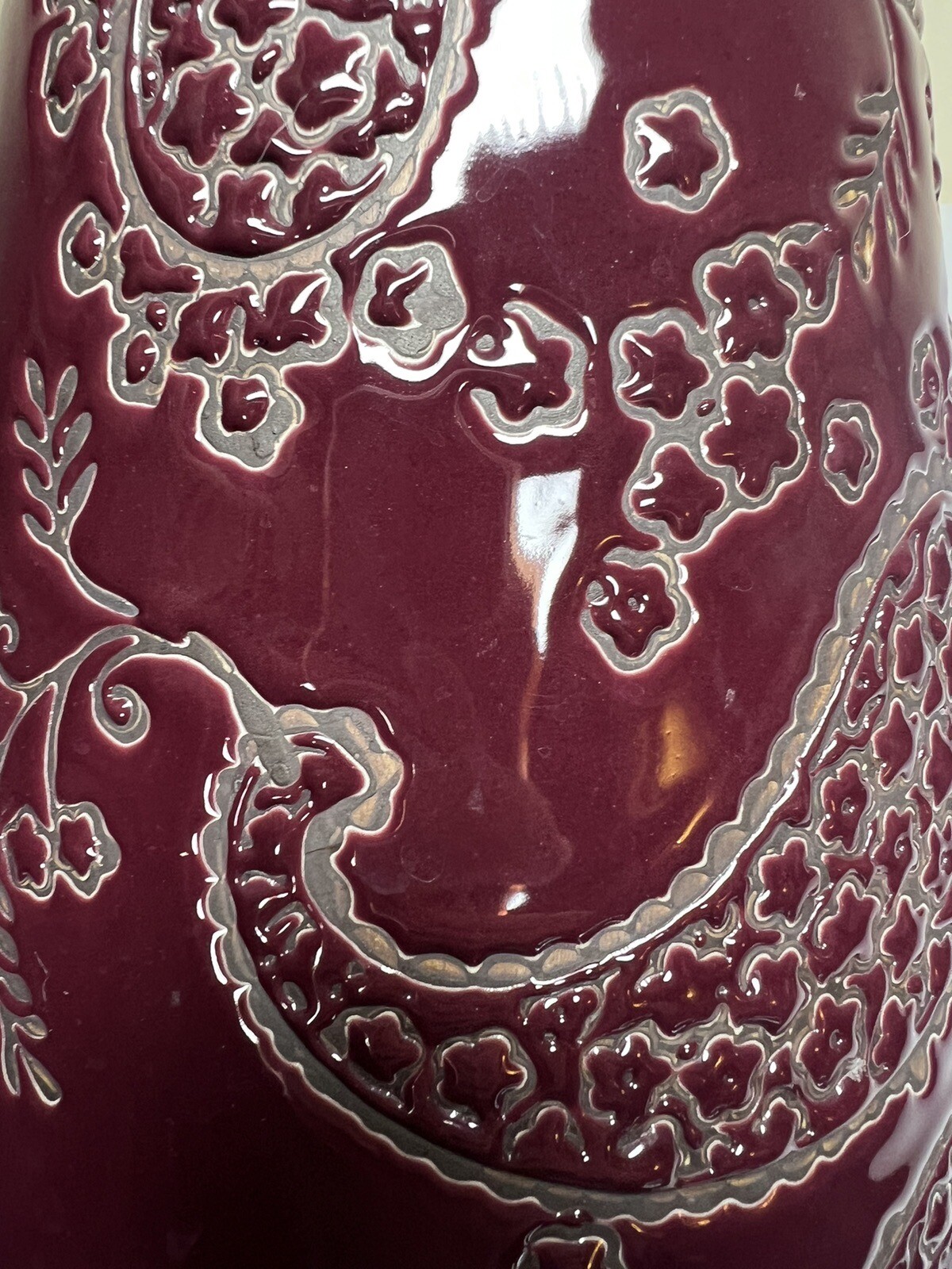 Large Ceramic Art Vase Maroon Etched Floral Pear Shaped 13.75” Eclectic Boho