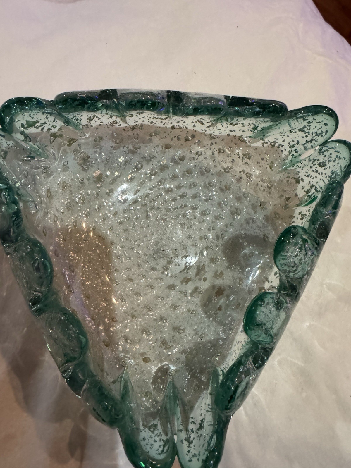 Vintage Murano Glass Ashtray Bowl Teal Silver Fleeks Triangle
