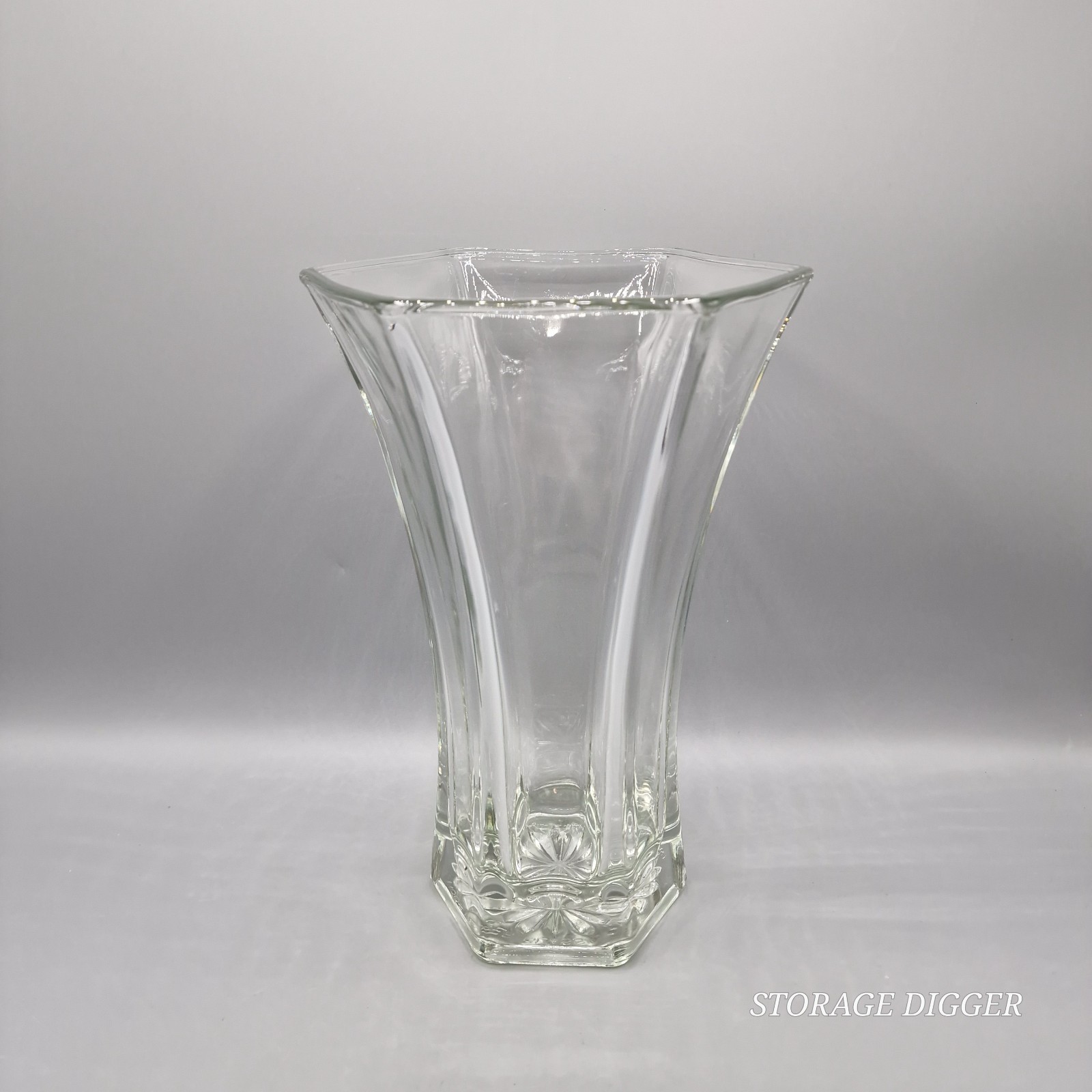 Vintage Hoosier Glass #4041 Heavy Clear Glass Vase 10″ Tall, 6 Sided Hexagon