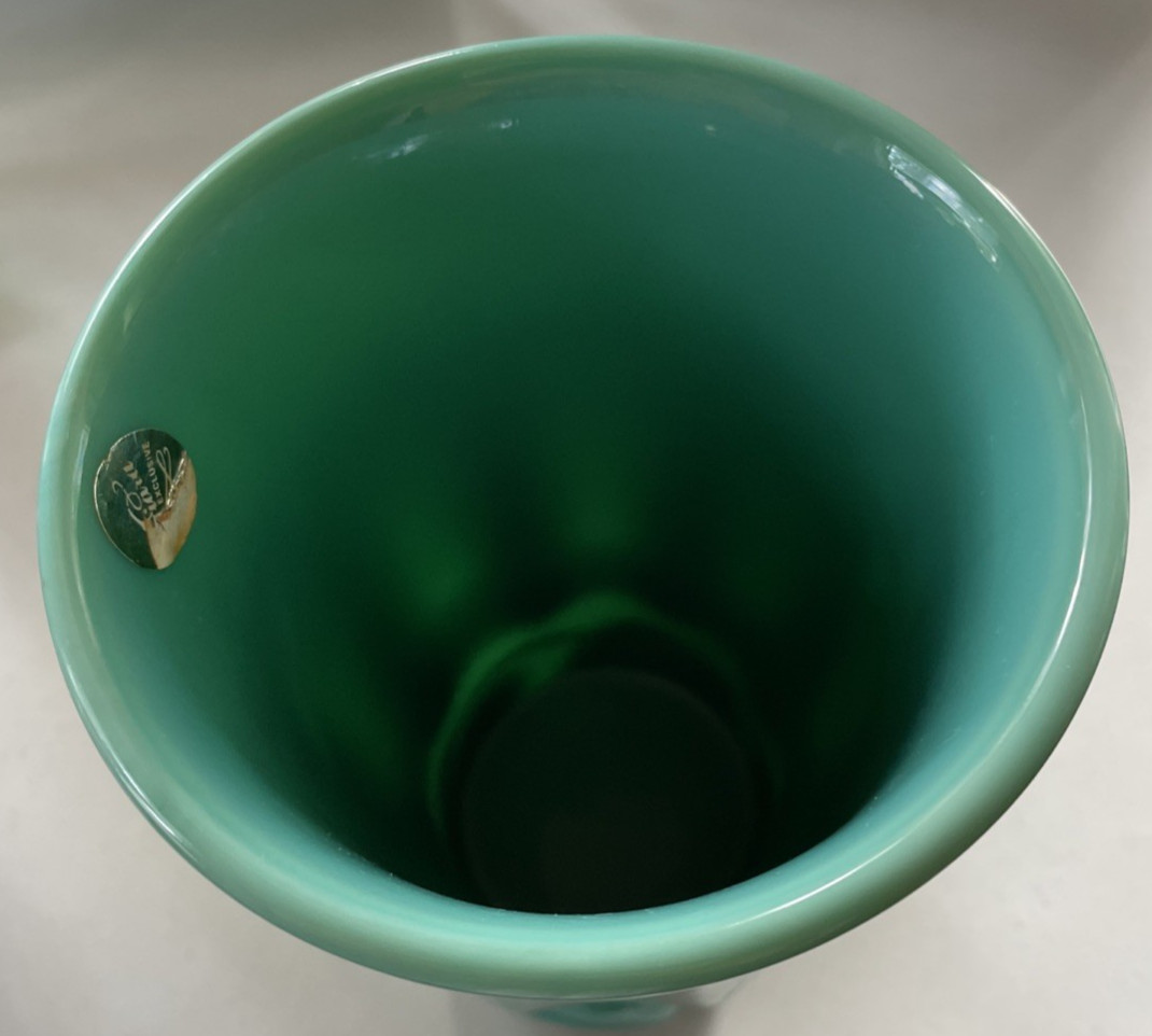 Vintage FENTON TIARA Art Glass Jade Green Desert Blossom Leaf Heavy Vase 8.375″T