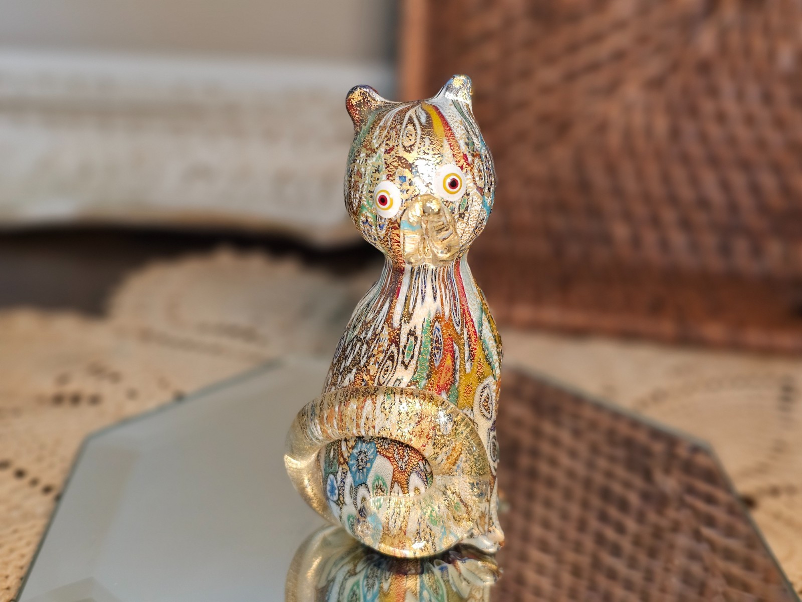 Vintage Murano Millefiori Glass Cat Figurine Gold Aventurine Venetian Art 4″