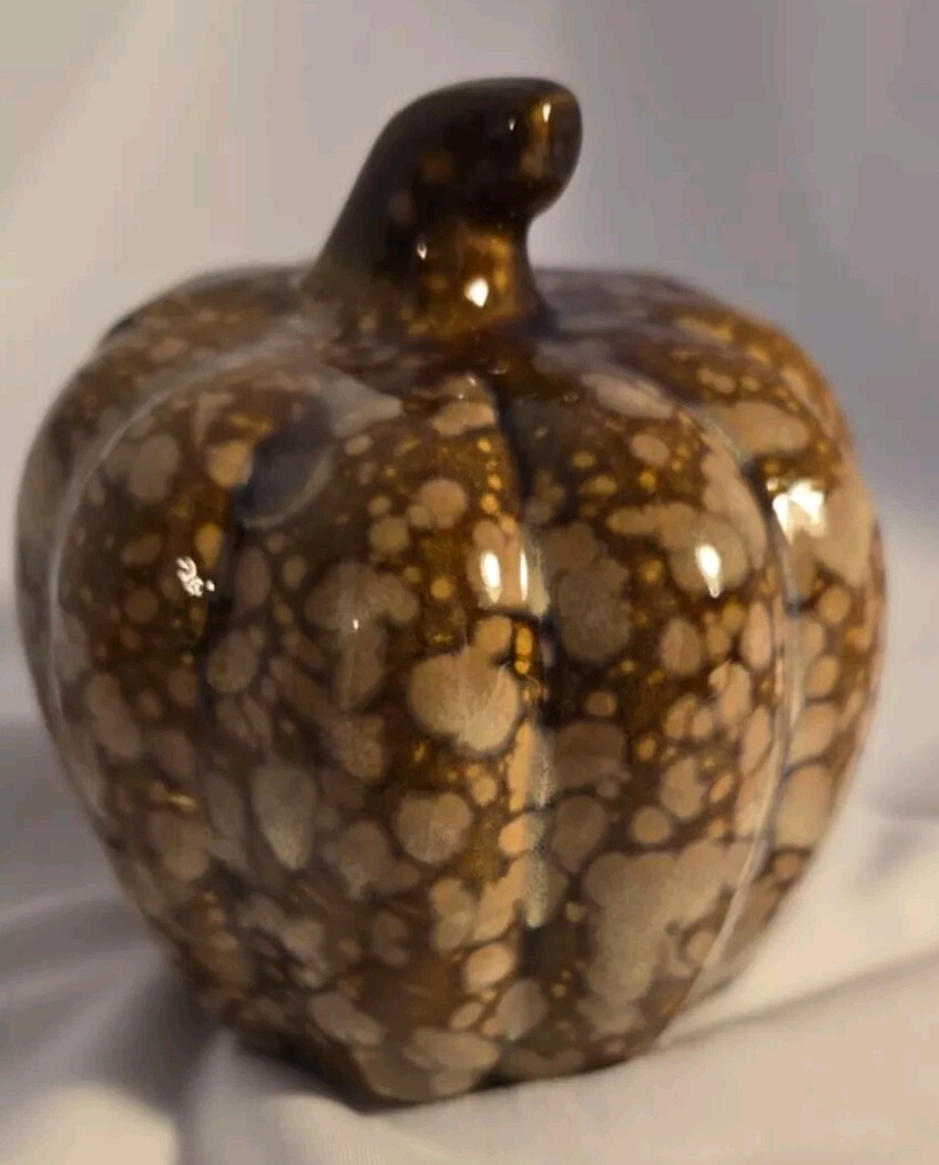 Vtg. Brown Leaf Rust w tan Drip Glaze Ceramic Pumpkin Unbranded