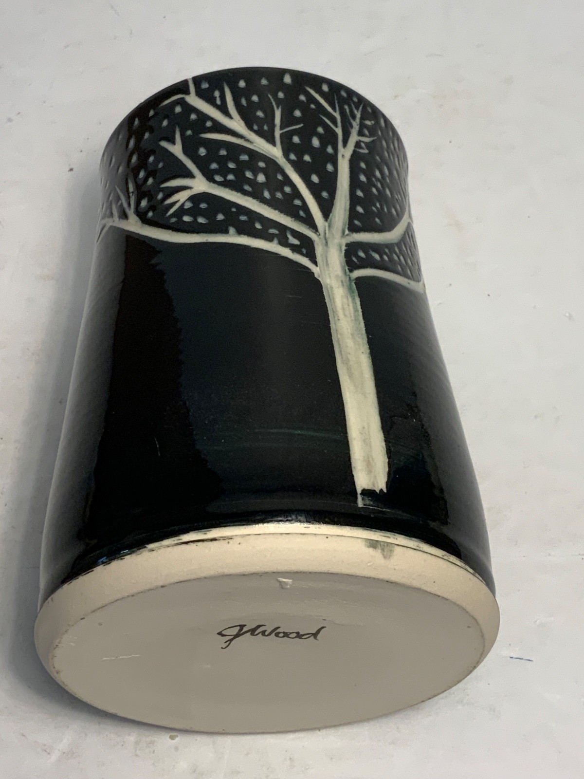 Evening Trees Rough Oval Carved Pottery Vase Signed 5.75 in.