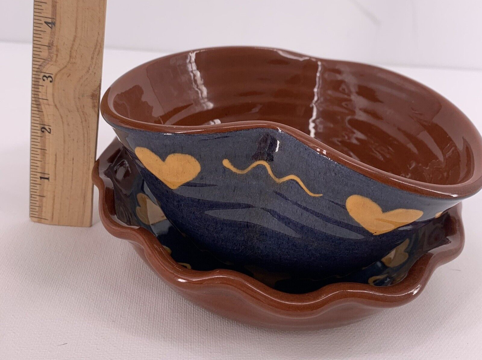 VTG 1986 Turtle Creek Pottery Redware Blue & Red Hearts Bowl and Dish Greg Neal