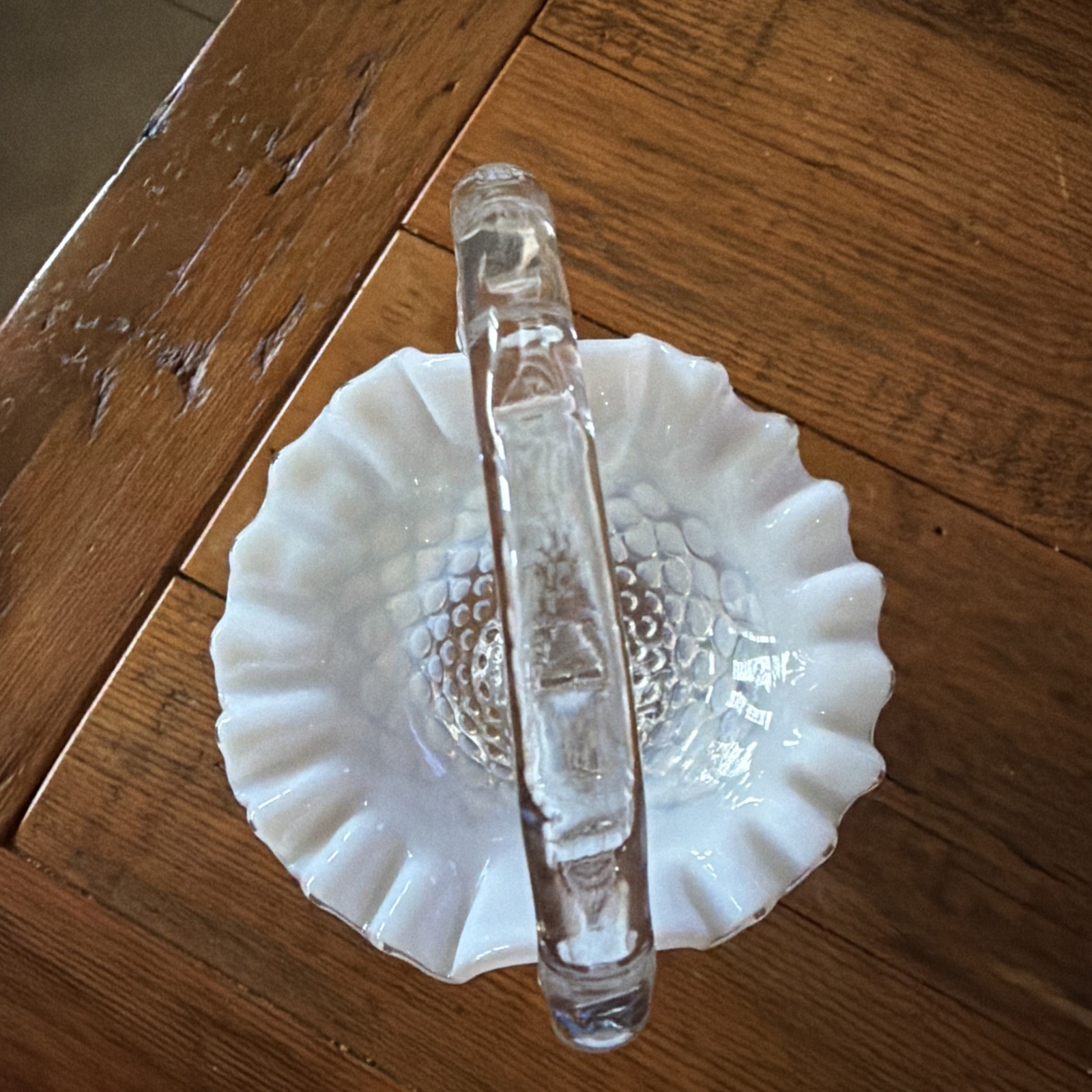 Vintage Fenton Opalescent White Clear Hobnail Basket w/Handle Ruffled Edge 6” H