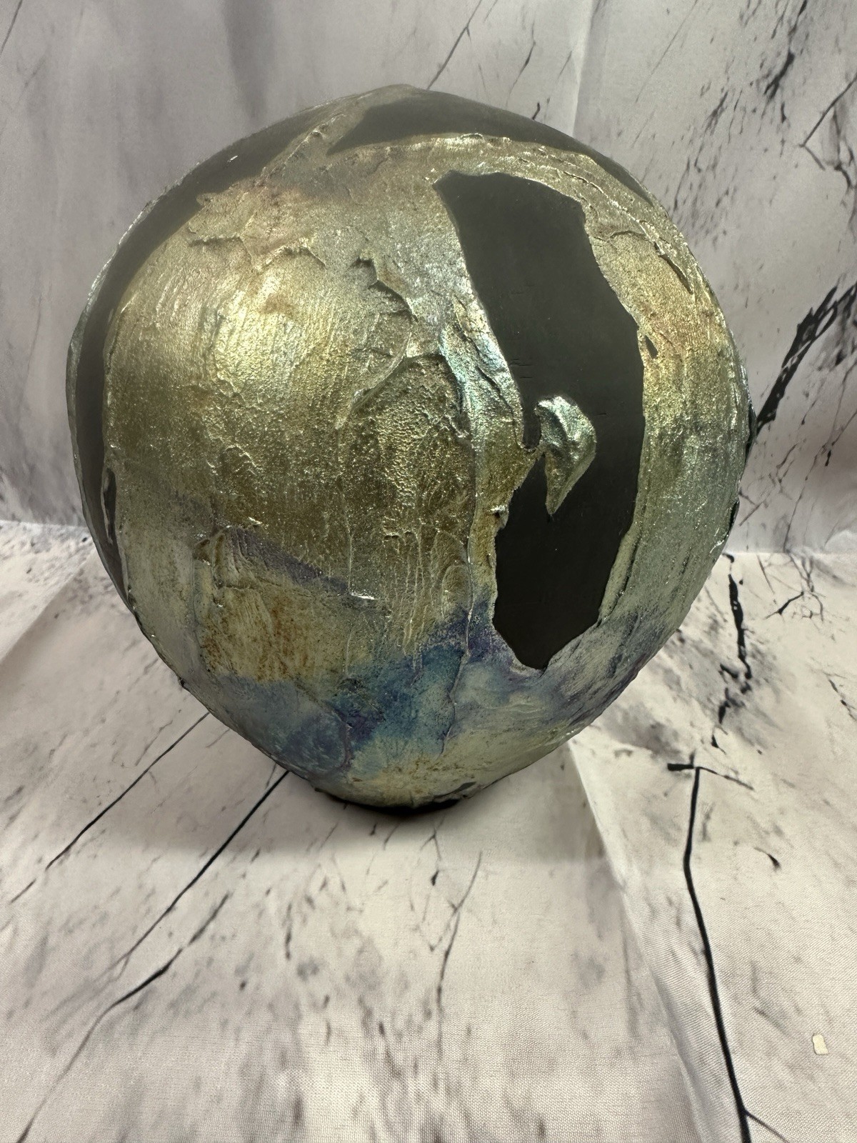 Handmade Raku Pottery Sphere Vase Sculptural Art Ball Black Gold 8in