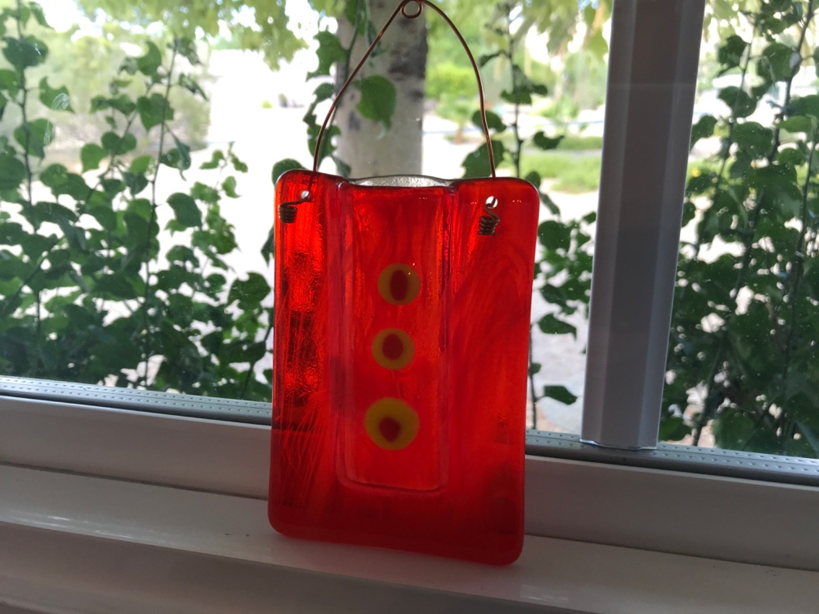 Art glass vibrant orange with yellow dots copper wire hanging wall pocket vase