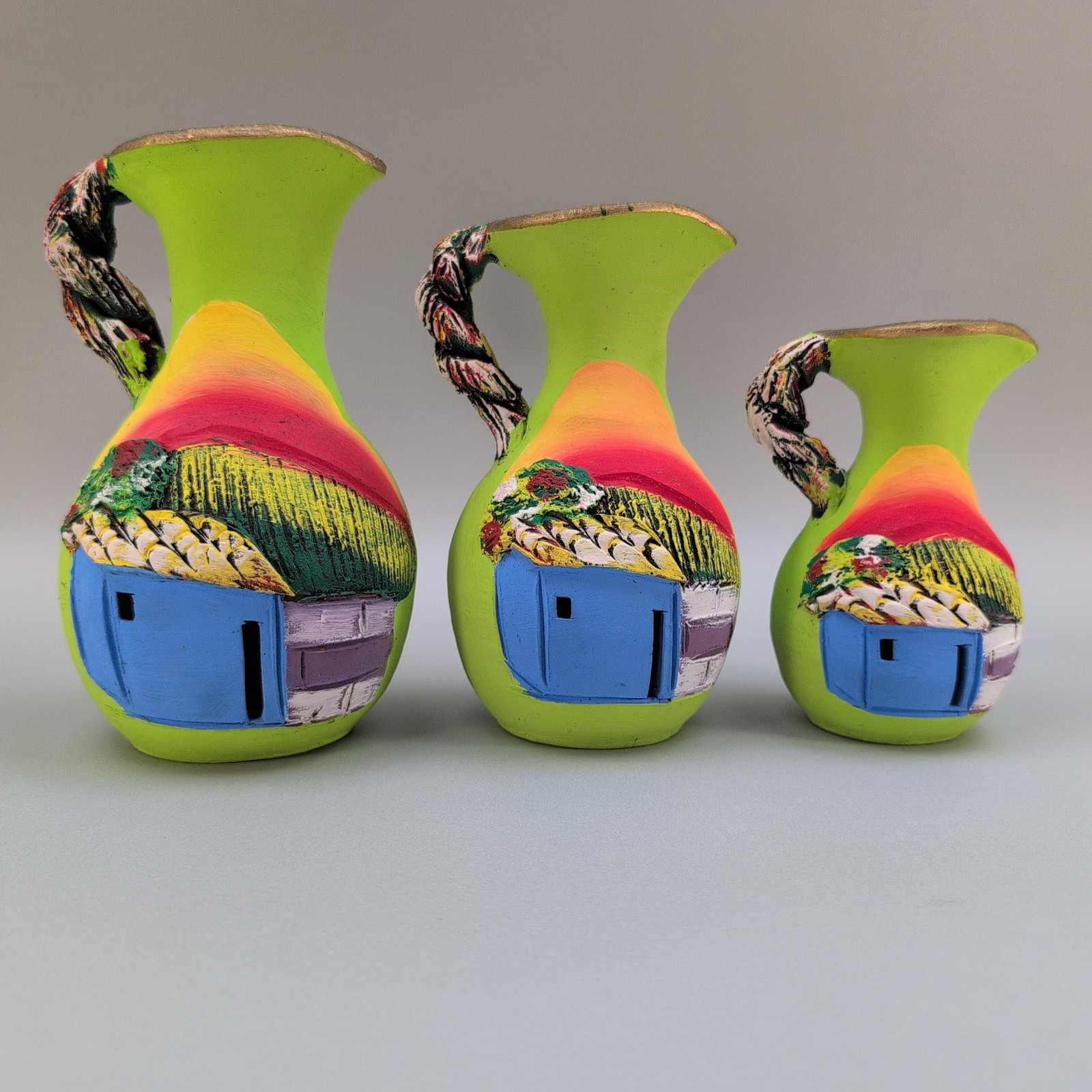 Vintage Folk Art Miniature Clay Pitchers Set of 3 Village Scene Vases