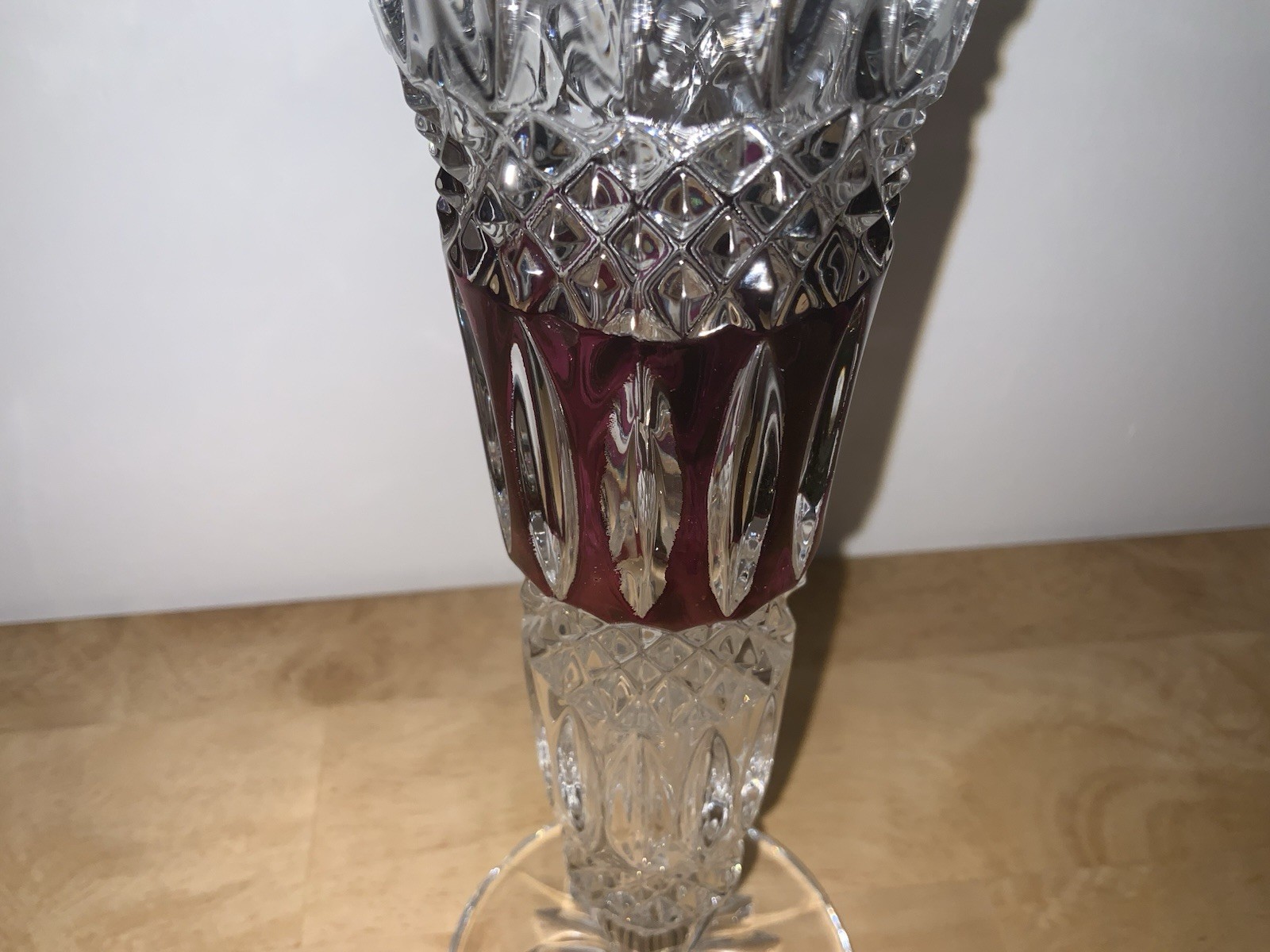 Vintage Bohemian Footed Heavy Crystal Vase w/ Ruby Red Design, 10.5”
