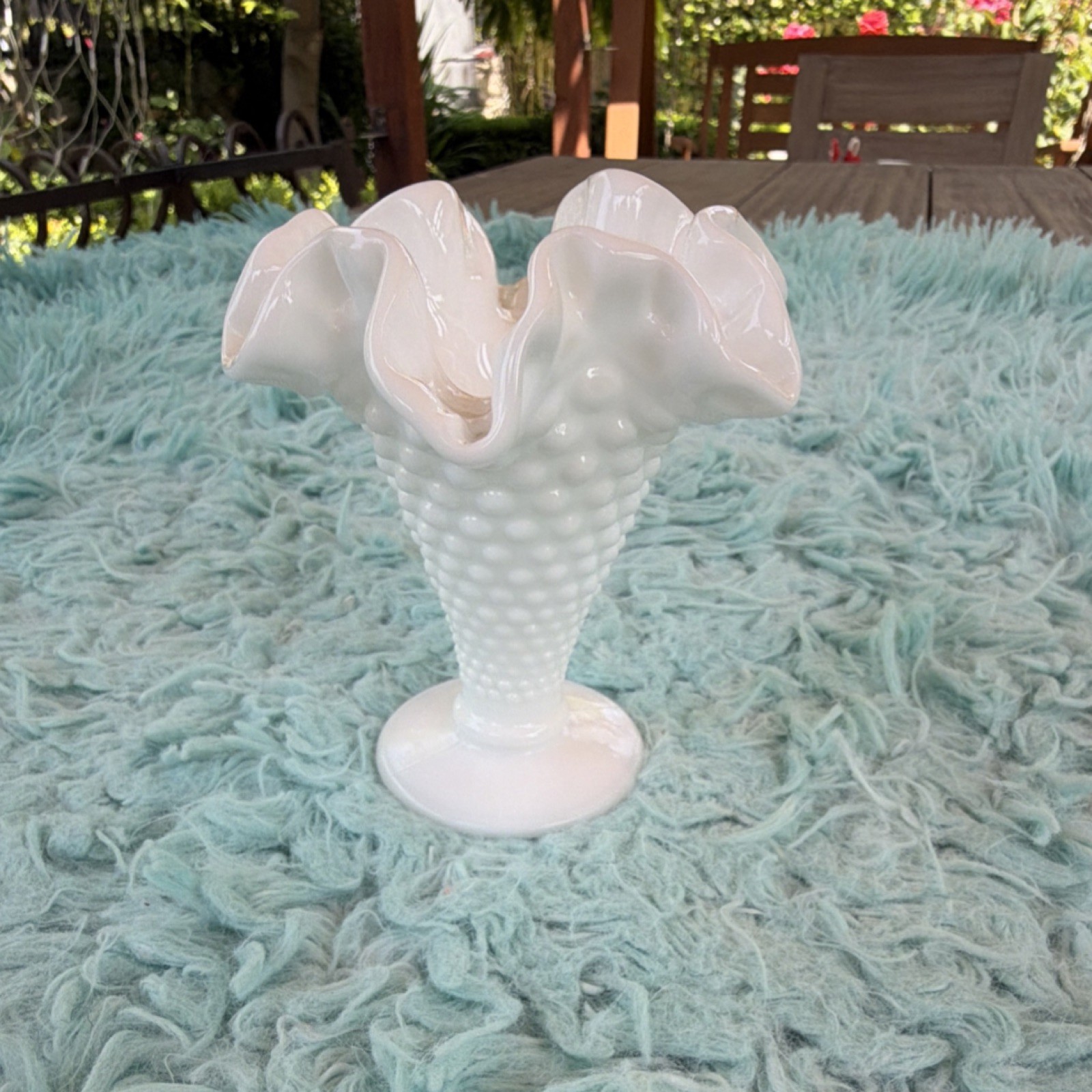 White Hobnail Milk Glass Vase Decorative Glossy Ruffled Rim Ruffled Edge Pattern