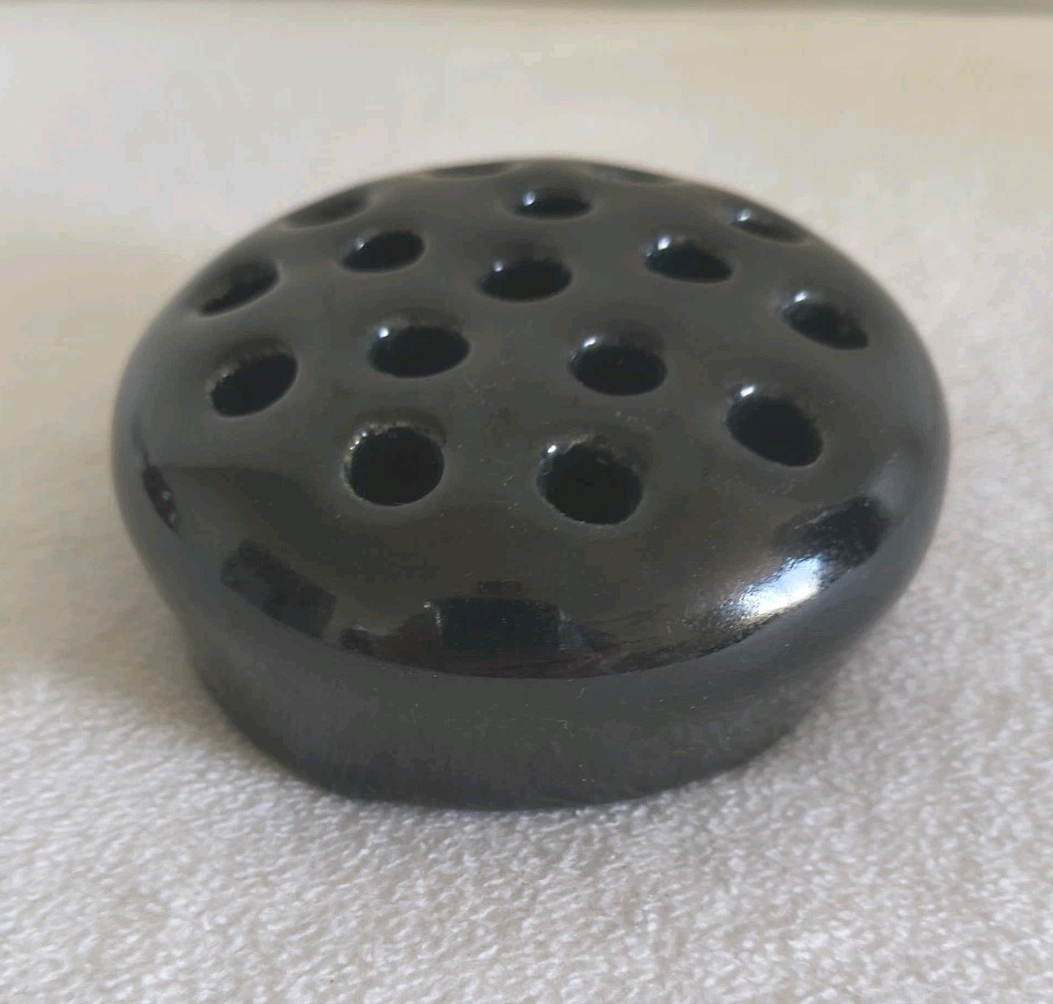 Vintage Black Glazed Pottery Stoneware Flower Frog 15 Holes 4″ diameter