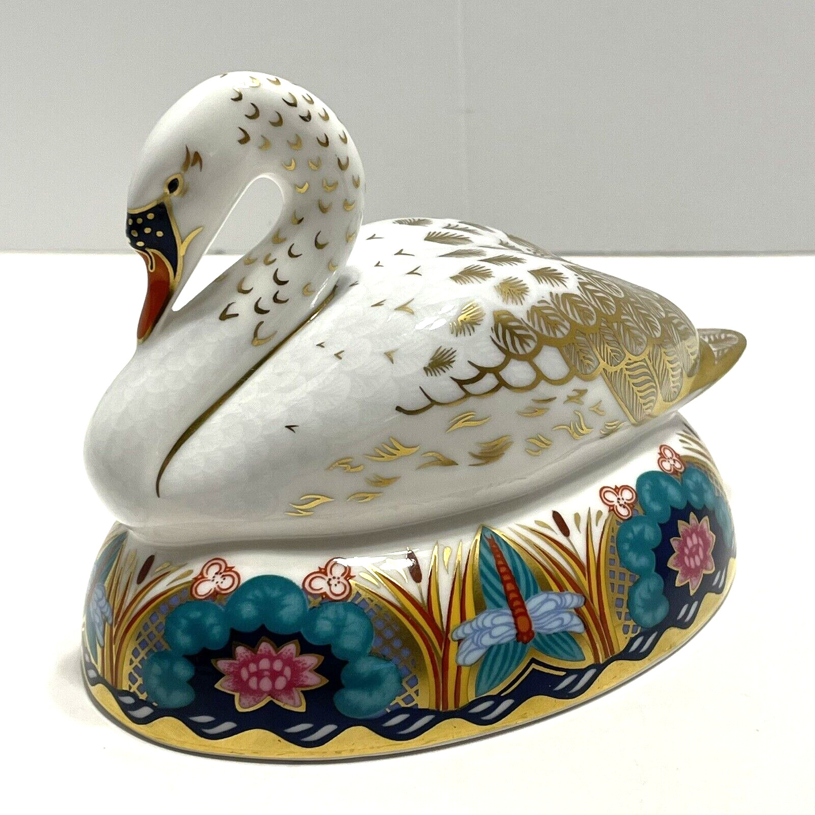 ROYAL CROWN DERBY Swan Paperweight White w/22K Gold Gild Lotus Flowers Dragonfly