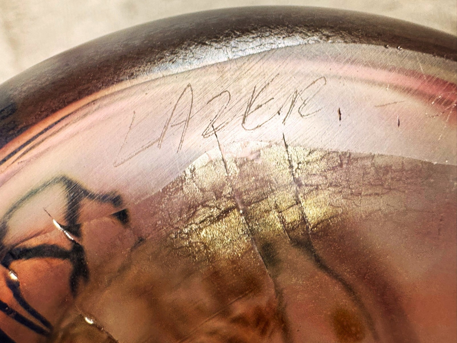 Vintage Tim Lazer 15″ Art Glass Vase, Mauve Pink Gold Irridescent, Signed 1994