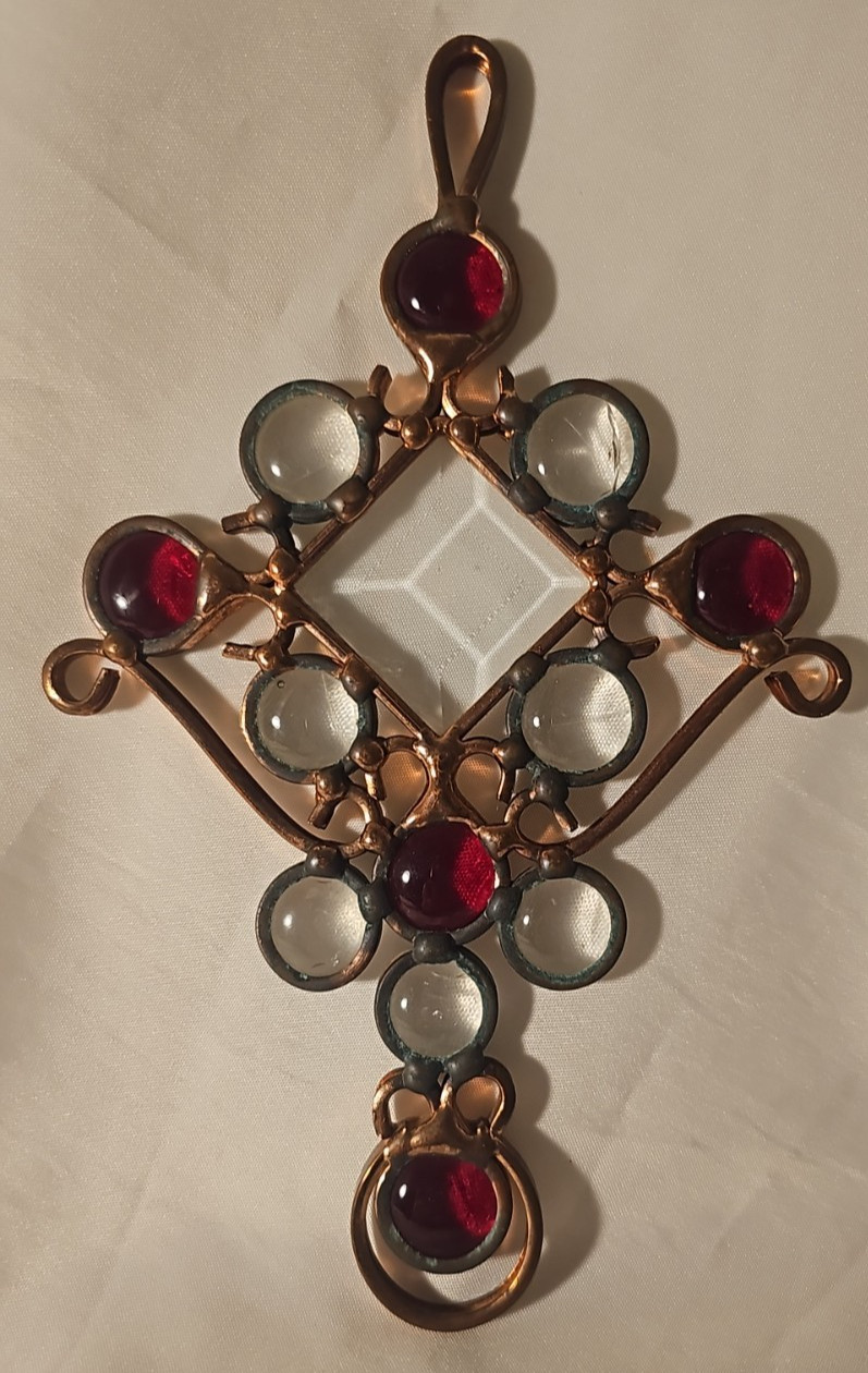 Sun catcher hanging window cross red clear copper hand made 9″tall 5″across