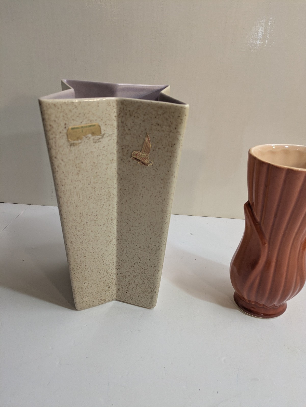 lot x 2 Red Wing Art Pottery Vase prism star and acanthus leaf