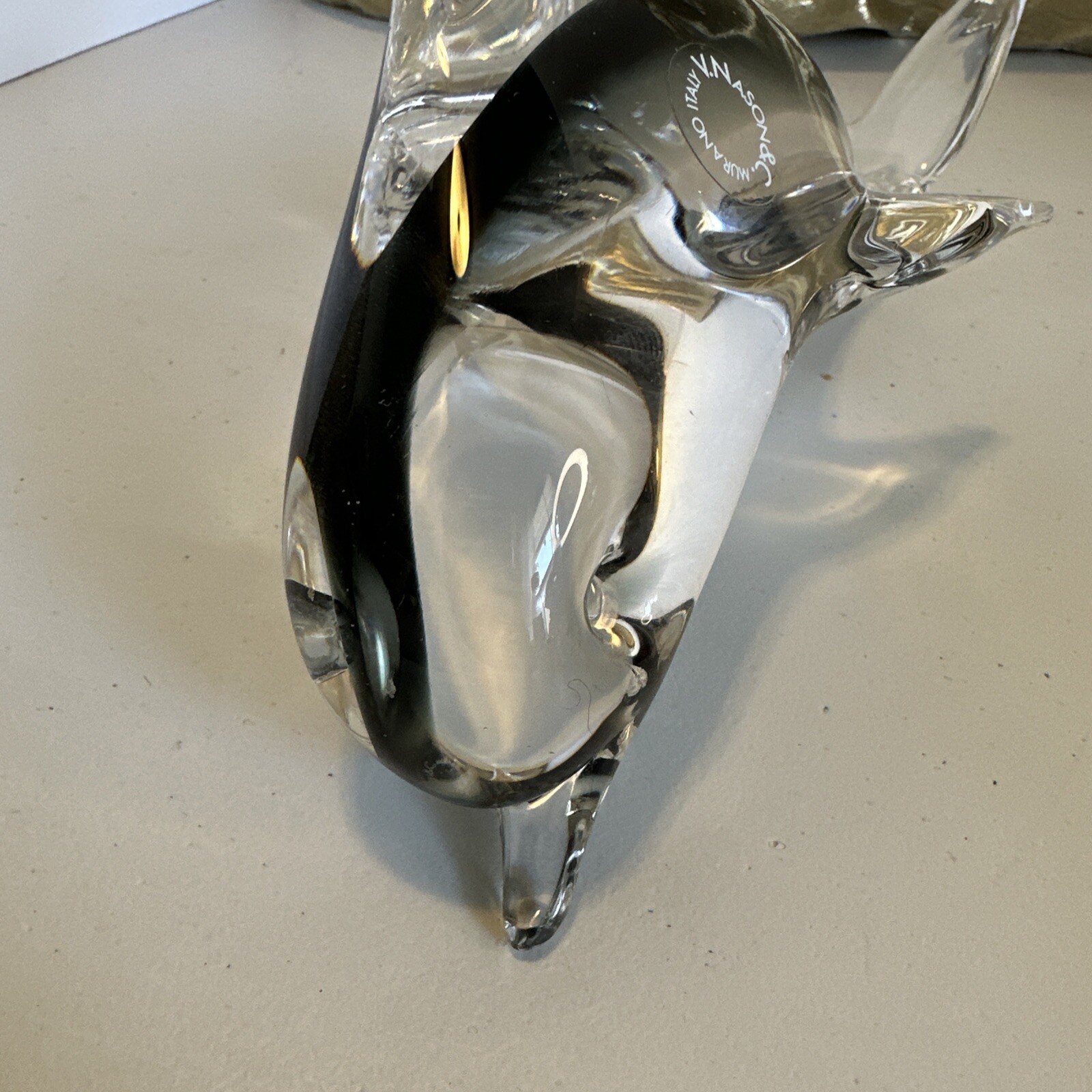 V Nason & Co Smokey Gray Crystal Murano Art Glass Dolphin W/ Sticker 8”Lx4.5”T
